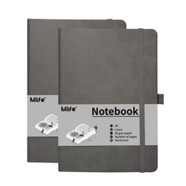 Mlife 2 Pack A5 Journal Notebook, 192 Pages, Hardcover with Elastic Closure Band and Folding Pocket (Grey)