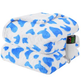 Cow Print Heated Electric Blanket Throw,50X60 Blue Heating Blanket with 10 Heats Levels & 8 Hours Auto Off,Cute Cow Decor Stuff Soft Fleece Sherpa Blankets Warmer Gifts for Women Washable,ETL