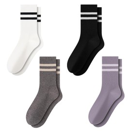 MOUNTRIPLE.QUEEN Womens Striped Crew Socks Athletic Cute Cotton Calf Socks for Running, Hiking, Tennis & Work (4Pairs)