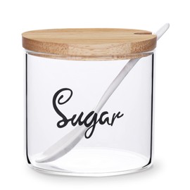 Clear Glass Sugar Bowl with Serving Spoon and Bamboo Lid, Farmhouse Kitchen Countertop Canisters, Container Jar Dispenser Holder for home kitchen,12 oz
