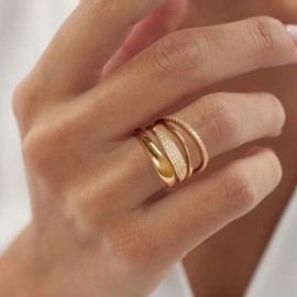 Sargetou 3PCS Gold Rings Set For Women Dainty 14K Gold Plated Rings CZ Stackable Gold Rings For Women Non Tarnish Size 10, S-R-03-3pc Zirconia and Glossy 10-GD