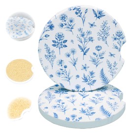 Ceramic Car Coasters, 2 Pack, 2.64" Absorbent Car Cup Holder Coasters, Cute Ceramic Car Coasters for Women, Elegant Blue Floral Pattern