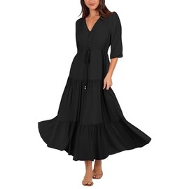 Women's Floral Maxi Long Dresses Casual Summer Deep v Beach Dress A Line Flowy Dresses Black