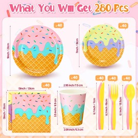 280 Pcs Ice Cream Birthday Party Supplies Ice Cream Paper Plates Napkins Cups Forks Set Disposable Fairy Tableware Decorations for Baby Shower Appetizer Lunch Dinner Dessert Themed Party, Serve 40
