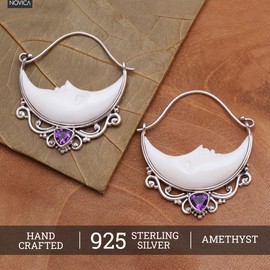 NOVICA Artisan Handmade Amethyst Hoop Earrings Crescent Moon from Bali Bone Sterling Silver Indonesia Birthstone Gemstone Sun [1.4 in L x 0.2 in W x 1.2 in D] ' Sleeping Moons'