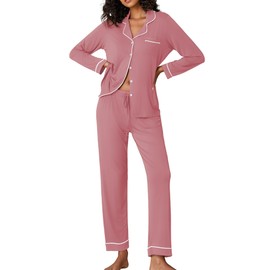 Ekouaer Womens Pajama Sets Long Sleeve Sleepwear Soft Button Down Loungewear Pjs Lounge Set Nightwear,Purple Red,Small