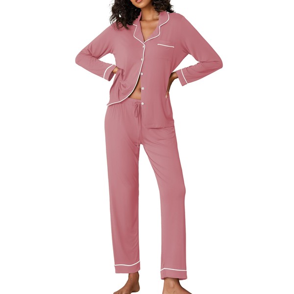 Ekouaer Womens Pajama Sets Long Sleeve Sleepwear Soft Button Down