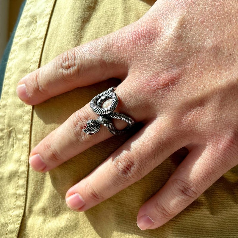 THJEW Unisex Antique Silver Wrap Snake Ring,Cool Retro S925 Sterling