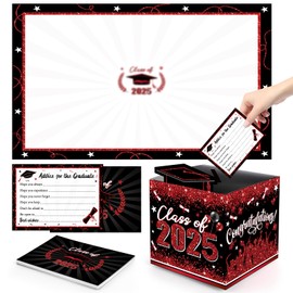 Graduation Card Box 2025, 1 Graduation Signature Board, 30 Pcs Graduation Advice Cards 2025, Graduation Card Box Holder For High School College Graduate Congrats Grad Party Decor (Black and Red)