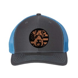 Schnauzer Dog Patriotic Design Laser Engraved Leather Patch Richardson 112 Snapback Trucker Cap Charcoal/columbiablue
