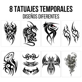 VERALY.MX | 8 Plantillas Tatuajes Temporales Grandes Impermeables Larga Duracion Pegatina Tatuaje Falso de Dragon Lineas Diseños Diferentes