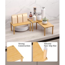 Danfoxer Cabinet Organizer Shelf(Set of 3),Bamboo Kitchen Counter Shelves for Countertop and Cabinet,Stackable Shelf Spice Racks,Medium(Natural)