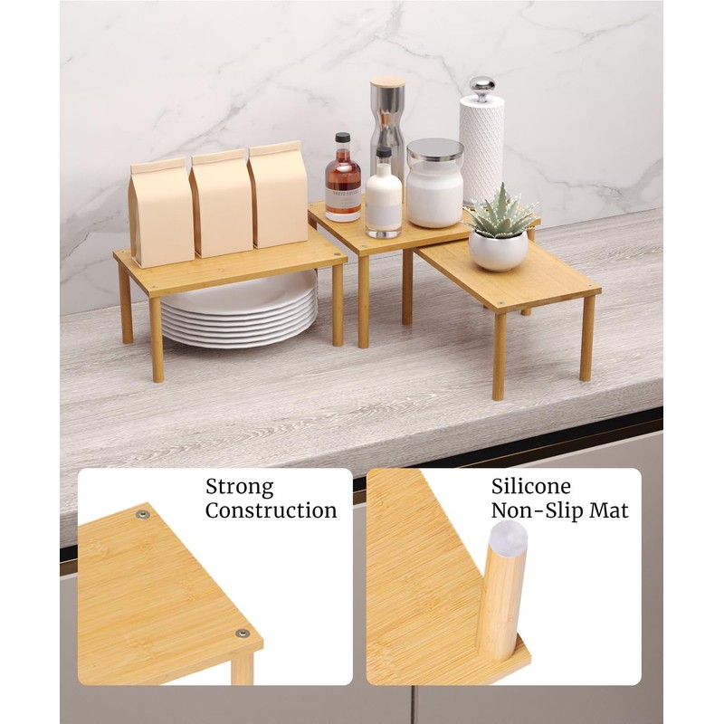 Danfoxer Cabinet Organizer Shelf(Set of 3),Bamboo Kitchen Counter Shelves for
