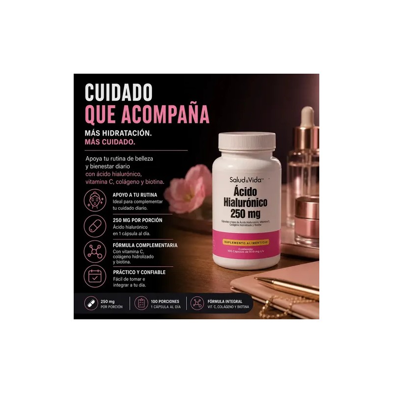 Ácido Hialurónico 250mg Con Vitamina C, Colágeno y Biotina 100