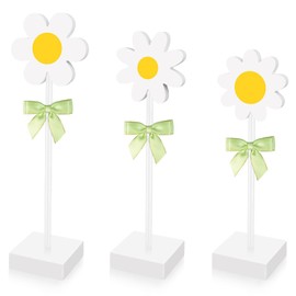 3 Pcs Daisy Wooden Sign Decor Tall Standing Daisy Block Set with Cute Bow Charming Flower Wooden Table Sign Daisy Table Centerpiece for Rustic Home Farmhouse Party Tabletop Decoration