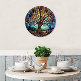 Wood Wall Clock Silent Non-Ticking Large Numbers Battery Operated Tree of Life Stained Glass Modern Wood Clocks Plant Style Multicolor Wall Decor for Family Room Office Above Fireplace 15 Inch