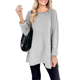 MEROKEETY Women's 2025 Fall Winter Casual Oversized Pullover Sweater Loose Crew Neck Long Sleeve Side Split Jumper Top,LightGrey,XL