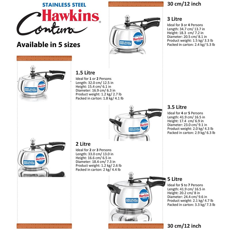 Hawkins 5 Litre Contura Pressure Cooker, Stainless Steel Inner Lid