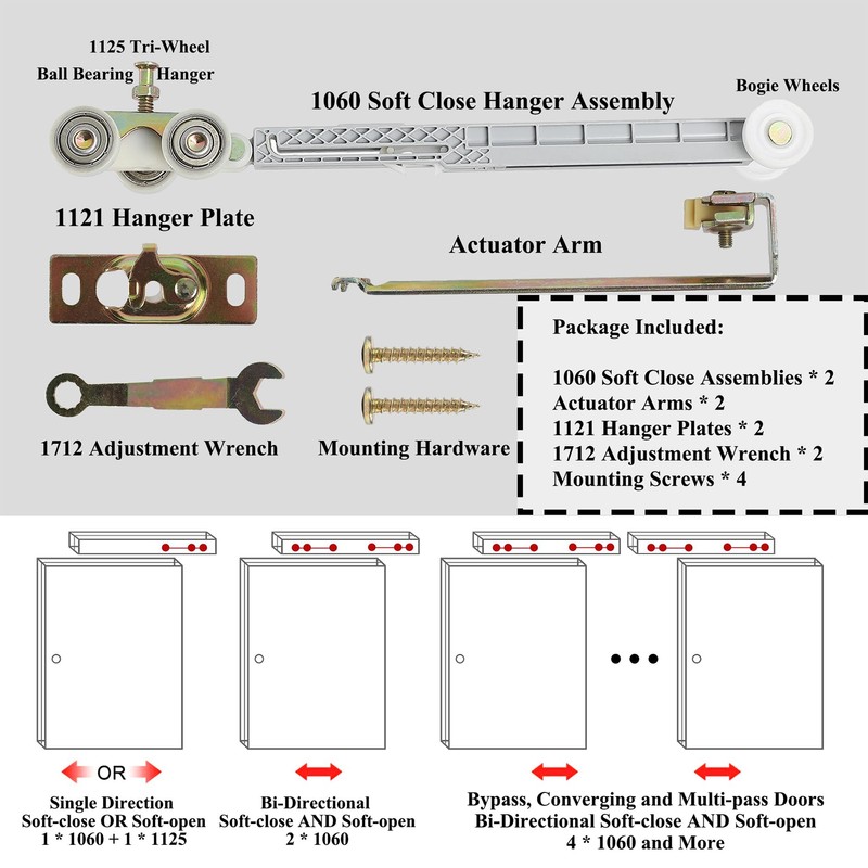 2 Set Pocket Door Soft Close Top Hanger Assemblies Fit