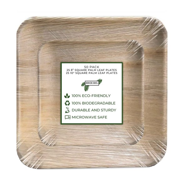 Level Palm Leaf Plates - Eco Friendly Compostable & Biodegradable Square Palm Leaf Dinnerware - Microwave & Oven Safe - Disposable Plates For Wedding Camping, Birthday Dinner 10" & 8" Set of 50