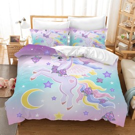 Leleyouzer Unicorn Bed Linen Set, Children's Bed Linen, Pink Girls Bed Linen, 1 x Unicorn Duvet Cover with Zip + 2 x Pillowcases 50 x 75 cm (U1, 135 x 200 cm)