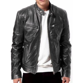 DECIMAL Men's Black Genuine Lambskin Leather Biker Jacket VINTAGE REAL BROWN MOTORCYCLE JACKETS FOR MEN (L, BLACK)