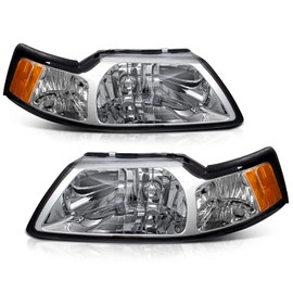 BRYGHT Headlight Assembly Set Replacement for 1999 2001 2002 2003 2004 Ford Mustang (Chrome Housing with Amber Reflector)