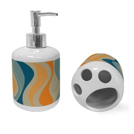 Ambesonne Vintage Soap Dispenser & Toothbrush Holder Set, Retro Vibrant Stripes Funky Lines Design Patterns Abstract Print, Ceramic Bathroom Toiletry Accessories, 2 Pcs, Petrol Blue and Marigold