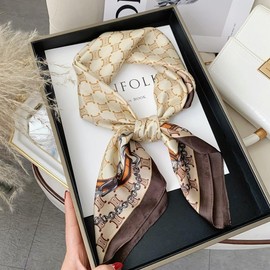 GraceSway CS Square Satin Scarf for Women Head Hair 27"x 27" Mulberry SilkFeeling Lightweight Gift (White brown)