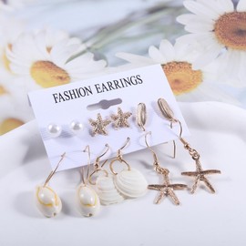 Sea Shell Dangle Earrings for Women, 6pairs Golden Boho Beach Shell Starfish Drop Earrings Ocean Summer Jewelry