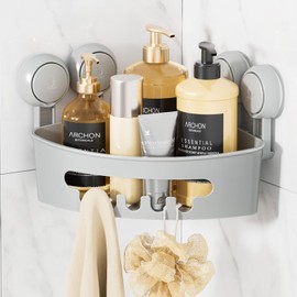 LEVERLOC Corner Shower Caddy Suction Cup, Powerful Suction Bathroom Shower Shelf, Waterproof and Rustproof Organizer for Bathroom Storage and Kitchen, No-Drilling Removable, Grey