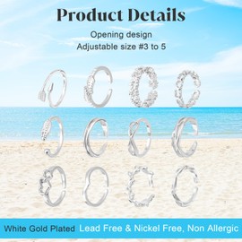 Ouligay 12PCS Toe Rings for Women Non Tarnish Silver Adjustable Toe Rings Set with Open Flower Toe Ring, Copper Crafted, Perfect Summer Beach Jewelry