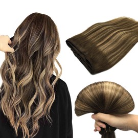 DOORES Sew in Hair Extensions Real Human Hair, Balayage Chocolate Brown to Caramel Blonde 24 Inch 120g Weave Hair Remy Human Hair Extensions Full Head Long Straight Sew in Weft Hair