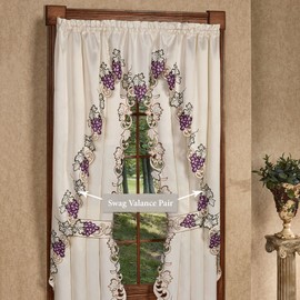 Touch of Class Cabernet Embroidered Long Swag Valance Pair - Polyester - Cream, Purple, Green - Grape Themed Table Decor for Dining Room, Kitchen, Counter, Island - Scalloped Edges