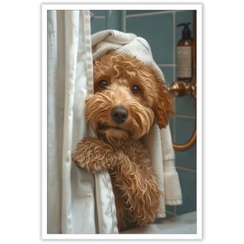 Goldendoodle Shower Time Canvas Wall Art - Waterproof Dog Bathroom Decor With Funny Painting For Toilet & Restroom Wall Decoration 12x16in Unframed