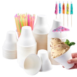 Defresit 100 Pack Snow Cone Cups and Straws Set, 12oz White Paper Cone Cups with Neon Spoon Straws, Durable Paper Cups for Summer Ice Cream, Shaved Ice, Water