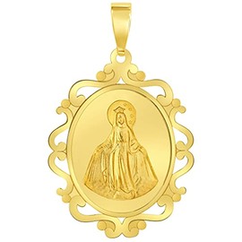 Jewelry America 14k Yellow Gold Elegant Ornate Miraculous Medal of Virgin Mary Pendant (1"), Gold, No Gemstone