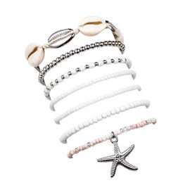 Fuqimanman2020 Boho Shell Starfish Layered Beaded Stretch Bracelet Set for Women Colorful Bohemian Seashell Rice Bead Stackable Bracelets Summer Ocean Beach Vacation Jewelry Gift-Silver