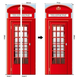 3D Door Stickers for Interior Doors Classic Red Vintage Phone Booth Call Background Vinyl Waterproof Self Adhesive Door Mural Decals for Bedroom Office Bathroom 77 x 200 cm