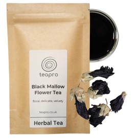 Teapro Black Mallow Flower Herbal Tea 70g | Malva Dried Flower Tea | Throat Coat Tea | Pitch Black Brew | Floral & Sweet Tea | Food & Cocktail Decoration