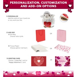 DolliBu I Love You Fluffy White Sheep Plush- Cute Stuffed Animal with Red Heart and with Name Personalization for Valentine, 11.5 Inches