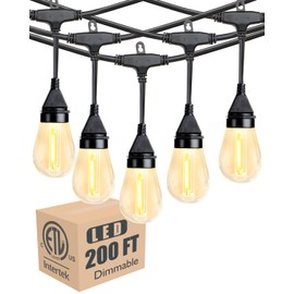 Lightdot 200FT Outdoor String Lights, LED Bistro String Lights with Shatterproof S14 Vintage Bulbs, 2700K Dimmable, Waterproof Hanging Lights for Porch, Deck, Garden, Backyard, Balcony