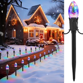 C9 Christmas Pathway Lights Outdoor, 45FT 40 LED Christmas String Lights with Stakes, 4 Light Modes, Waterproof Connectable Christmas Decorations for Outside Lawn Yard Sidewalk Driveway, Multicolor