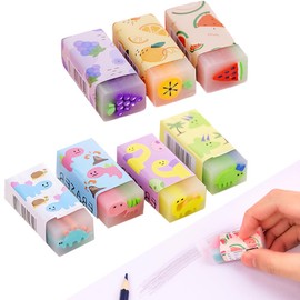 FANGCUU Eraser Set of 7, Cute Pencil Eraser Set for Students, Stationery, Crystal-like, Cute, Strawberry, Watermelon, Dinosaur, School, Office, Study, Gift, Graduation