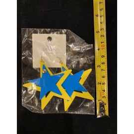 DaVinci 80’S Retro Earrings Bright Yellow Blue Star Statement Large Drop Dangle NOS