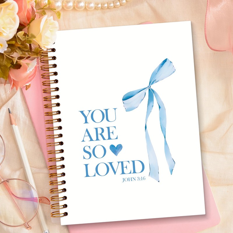 JXREQ Coquette Blue Bow Christian Notebook, Loved John 3:16 Valentine's