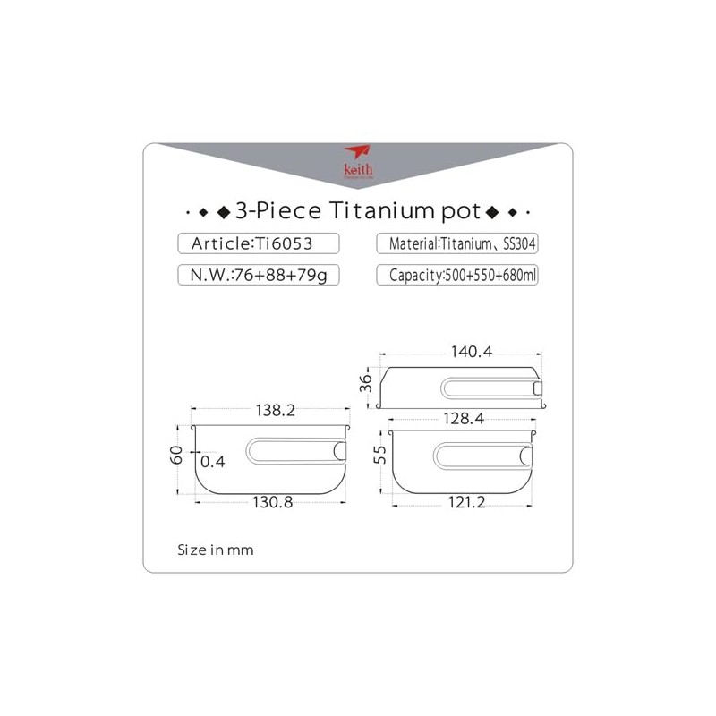 Keith Ti6053 Titanium Pot and Pan Set