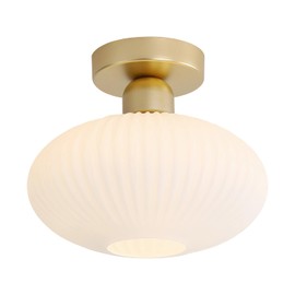 KCO Lighting Mid Century Modern Large Semi Flush Mount Ceiling Light Fixture White and Gold Living Room Flush Mount Ceiling Light Vintage Milk Glass Globe Close to Ceiling Light
