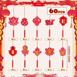 60 Pieces Chinese New Year Decorations Chinese Knot Pendant 3D Red Hanging Ornament Lucky Fu Pendants Lantern for Luna New Year Spring Festival Home Office Car Tree Decorations, 10 Designs