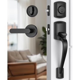 Mensarix Front Door Handle and Deadbolt Set for Right & Left Handed, Front Door Lock Set with Single Cylinder Deadbolt, Entry Doors Locksets with Modern Exterior Handle, Reversible Lever, Matte Black